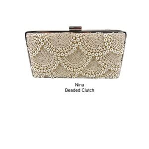 Nina Ivory Faux Pearl Beaded Box Clutch Evening Bag Silver Tone Pink Lining